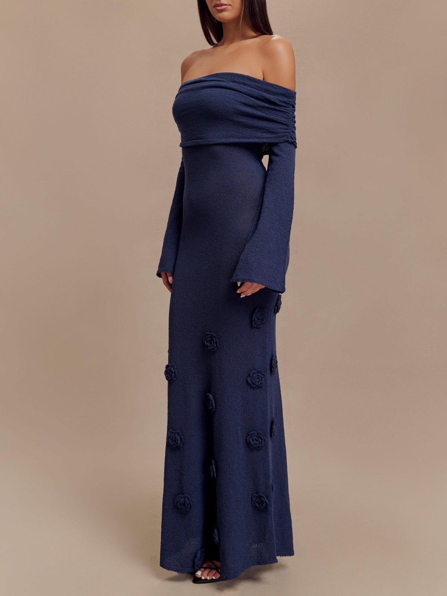 Off Shoulder Knit Rose Maxi Dress