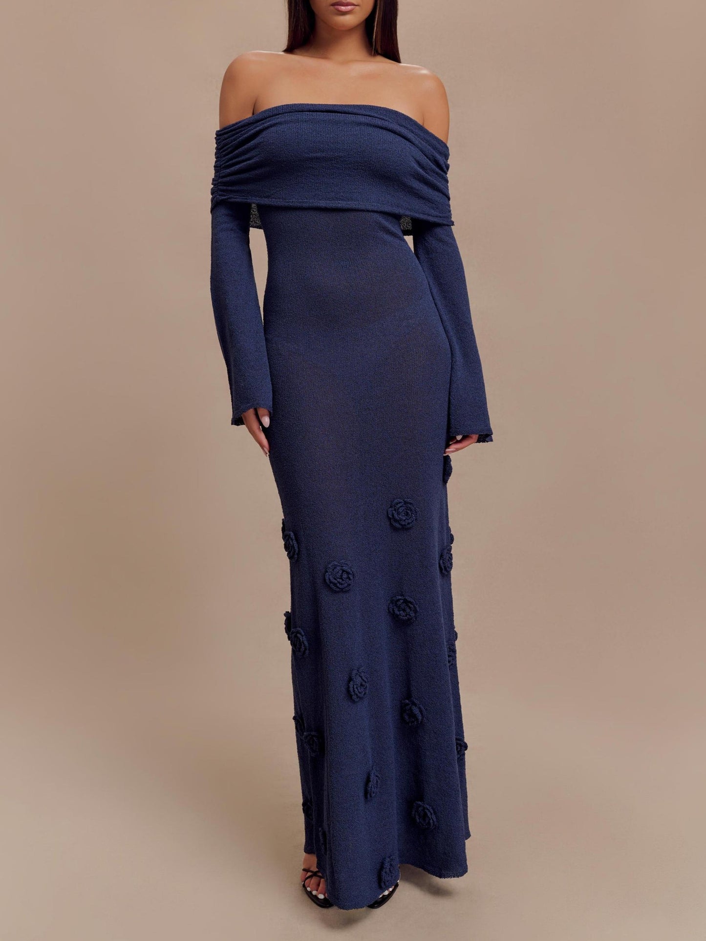 Off Shoulder Knit Rose Maxi Dress