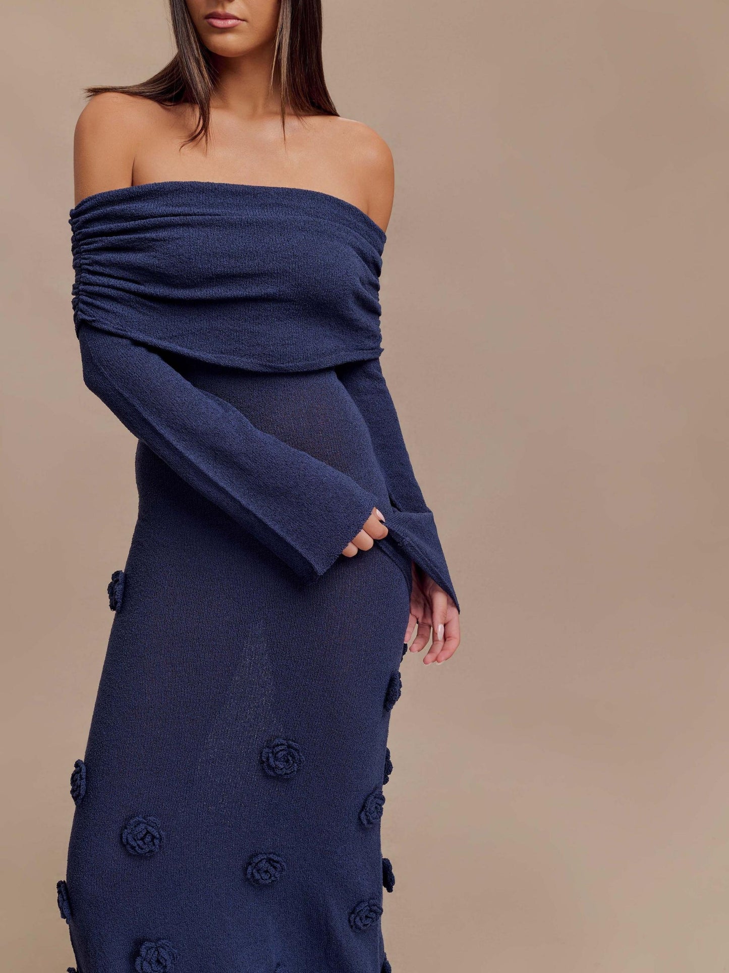 Off Shoulder Knit Rose Maxi Dress