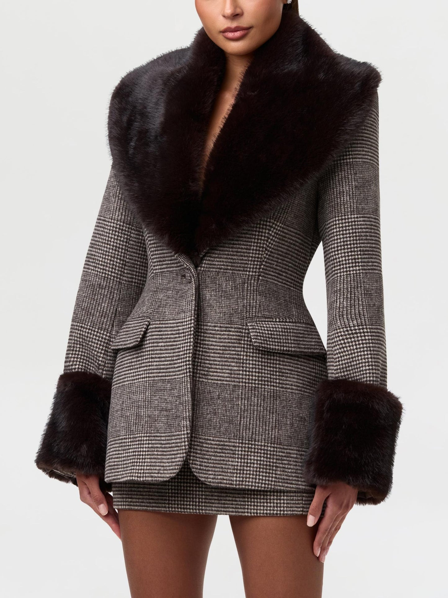 Vintage Houndstooth Wool Blazer Suit with Faux Fur Collar & Cuffs