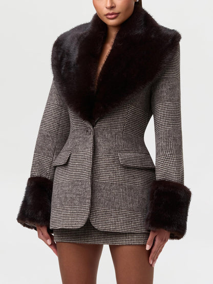 Vintage Houndstooth Wool Blazer Suit with Faux Fur Collar & Cuffs