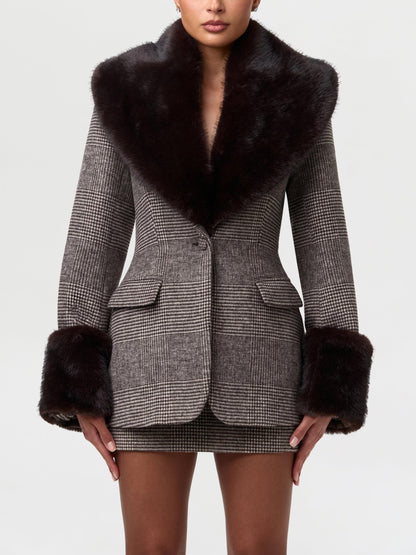 Vintage Houndstooth Wool Blazer Suit with Faux Fur Collar & Cuffs