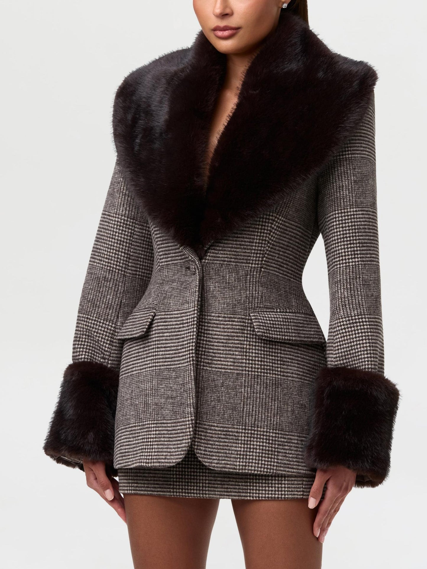Vintage Houndstooth Wool Blazer Suit with Faux Fur Collar & Cuffs