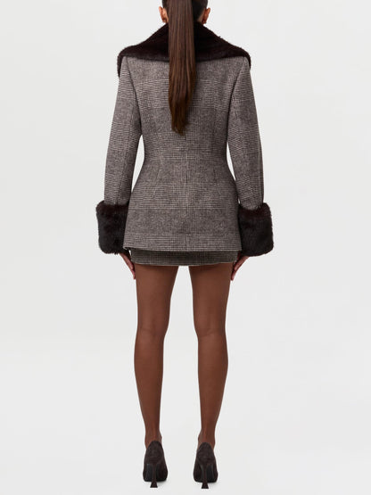 Vintage Houndstooth Wool Blazer Suit with Faux Fur Collar & Cuffs