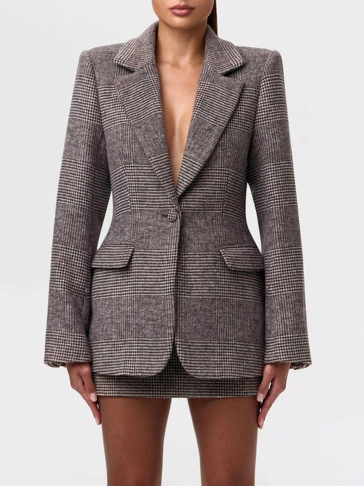 Vintage Houndstooth Wool Blazer Suit with Faux Fur Collar & Cuffs