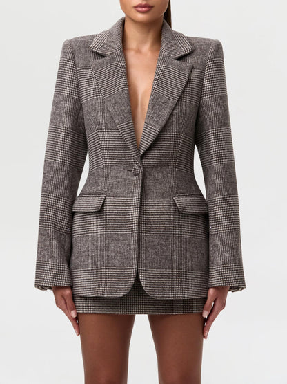Vintage Houndstooth Wool Blazer Suit with Faux Fur Collar & Cuffs