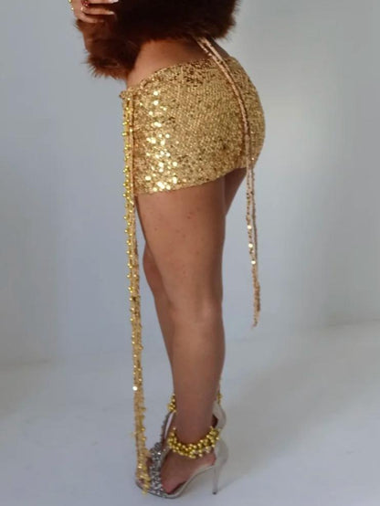 Gilded Sequin Knit 3-Piece Set: Halter Cutout Crop Top + Underbust Bralette + Mini Skirt for Glam Party Events