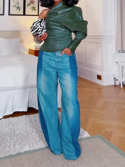 Chic One Shoulder Green Leather Top