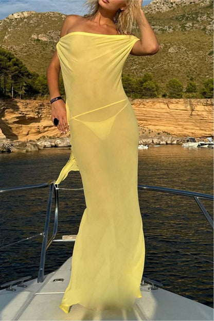 Elegant Lemon Yellow Sheer Maxi Dress