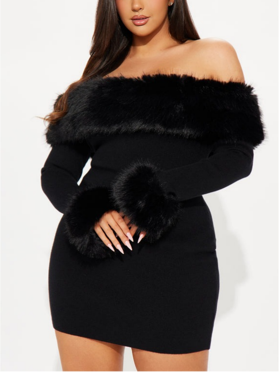 Off Shoulder Faux Fur Trim Black Knit Mini Dress