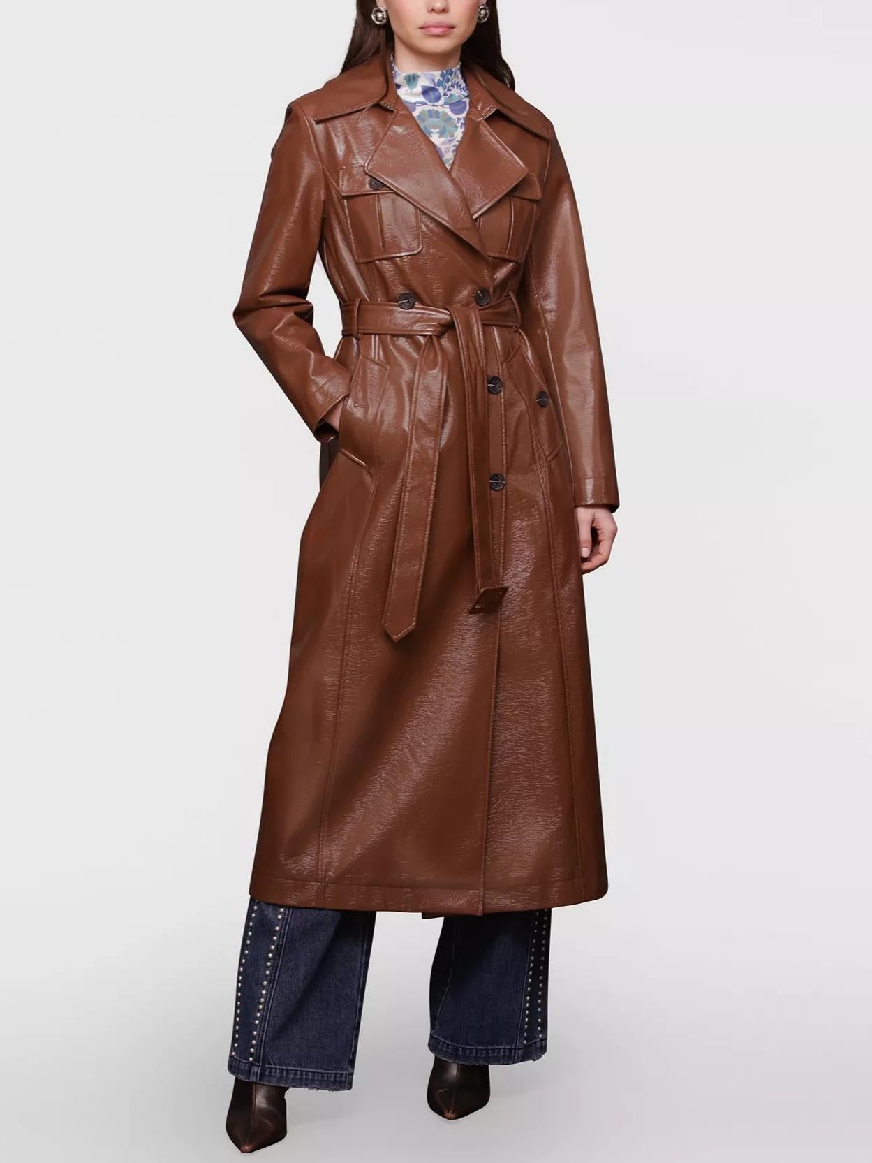 Belted Faux-Leather Trench Coat