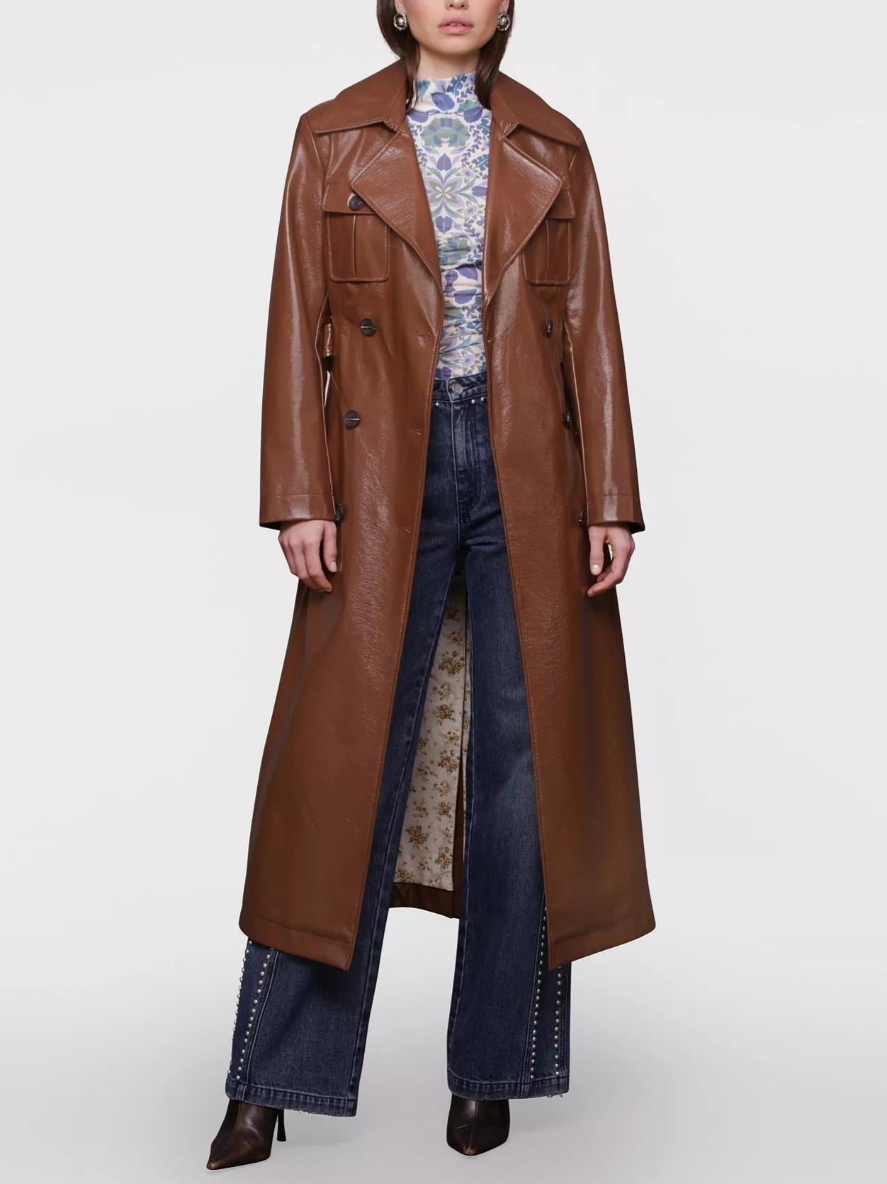 Belted Faux-Leather Trench Coat