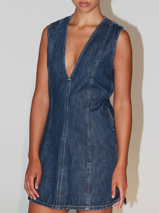 Women's Sleeveless Denim Dress with Deep V - Neckline