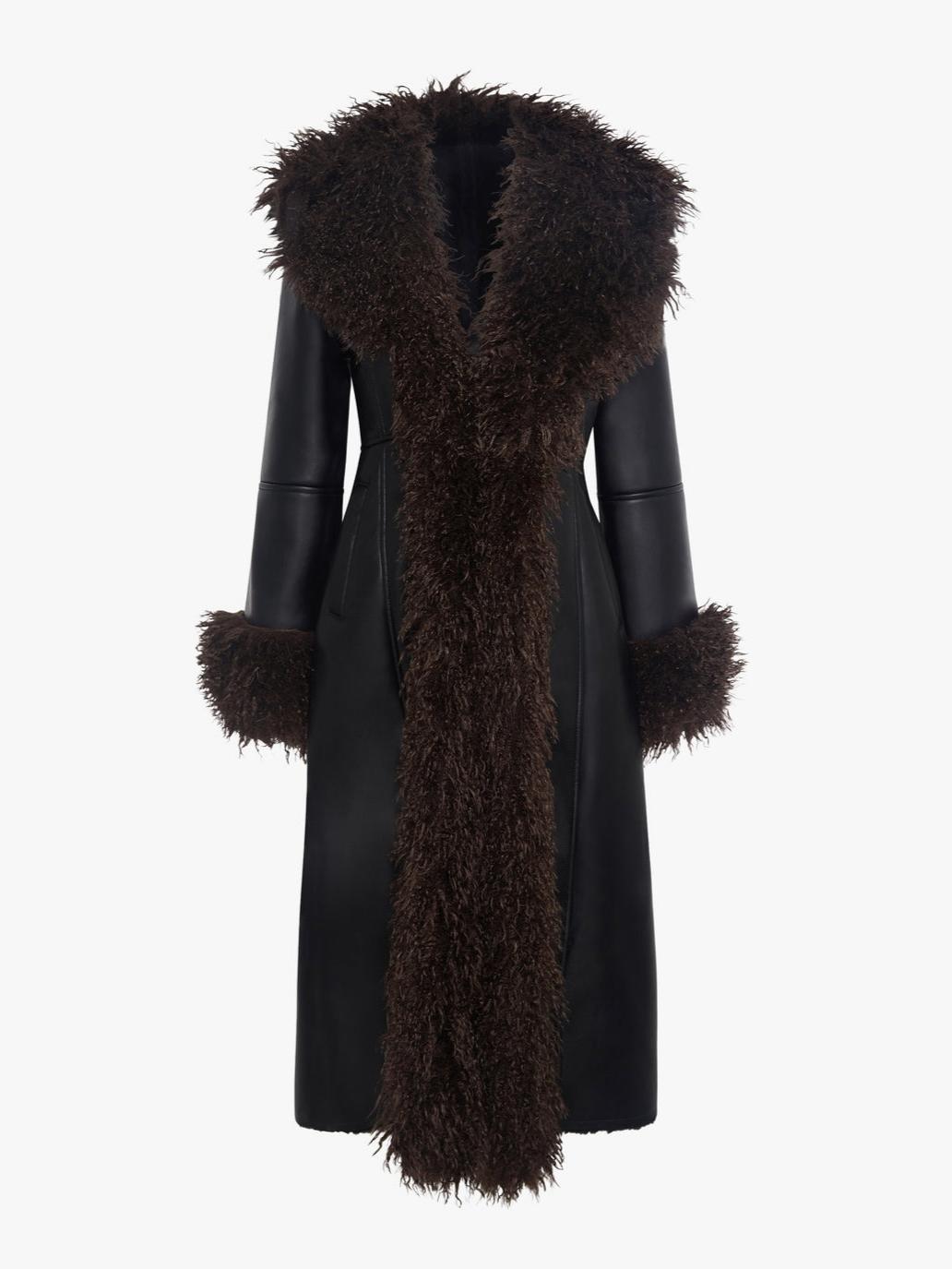 Faux Fur Collar and Cuffs Black Leather Long Coat