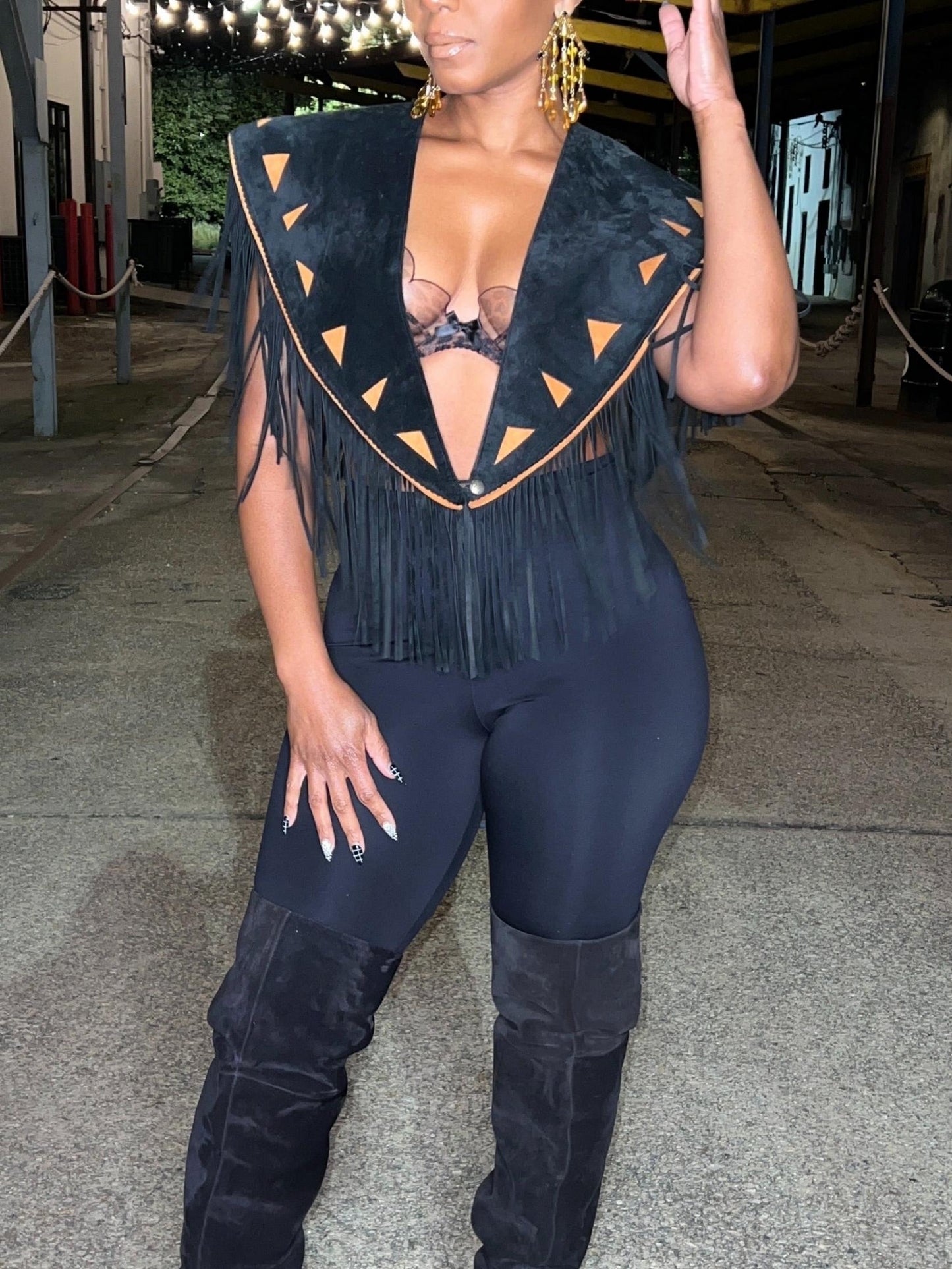 Black Fringe Suede Crop Top with Triangle Accents