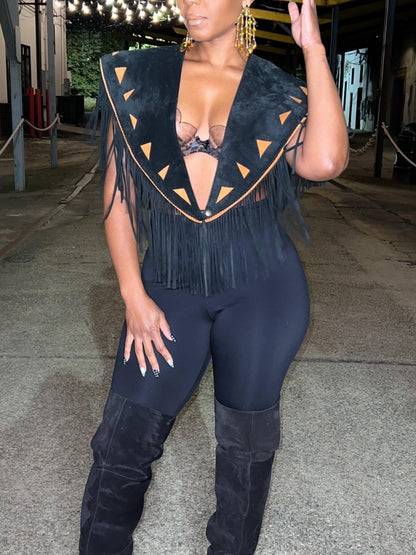 Black Fringe Suede Crop Top with Triangle Accents
