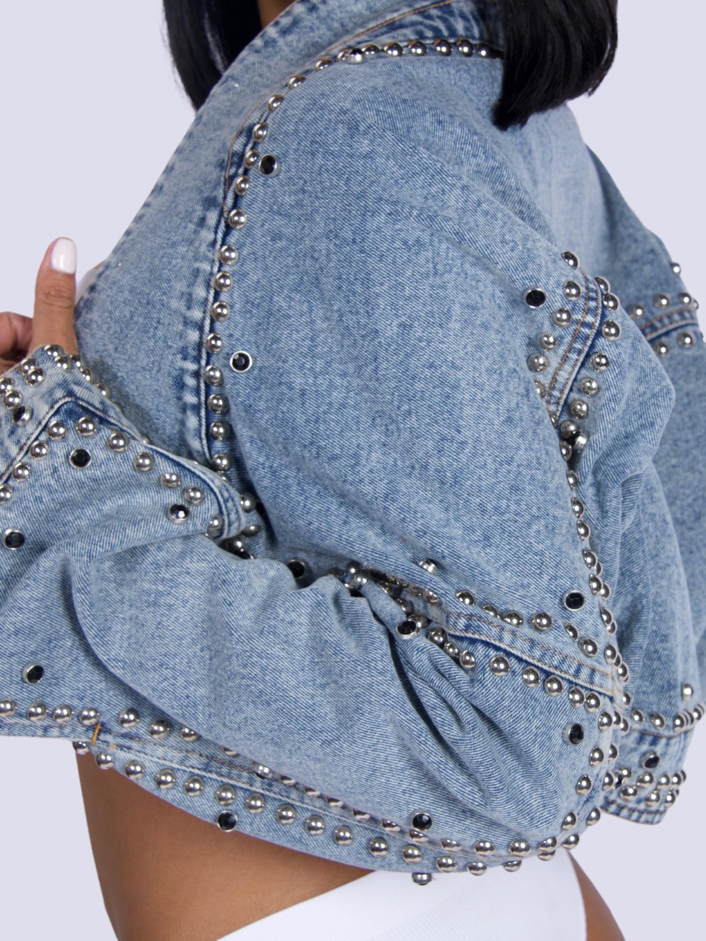 Silver Studded Embellished Light Blue Denim Crop Jacket