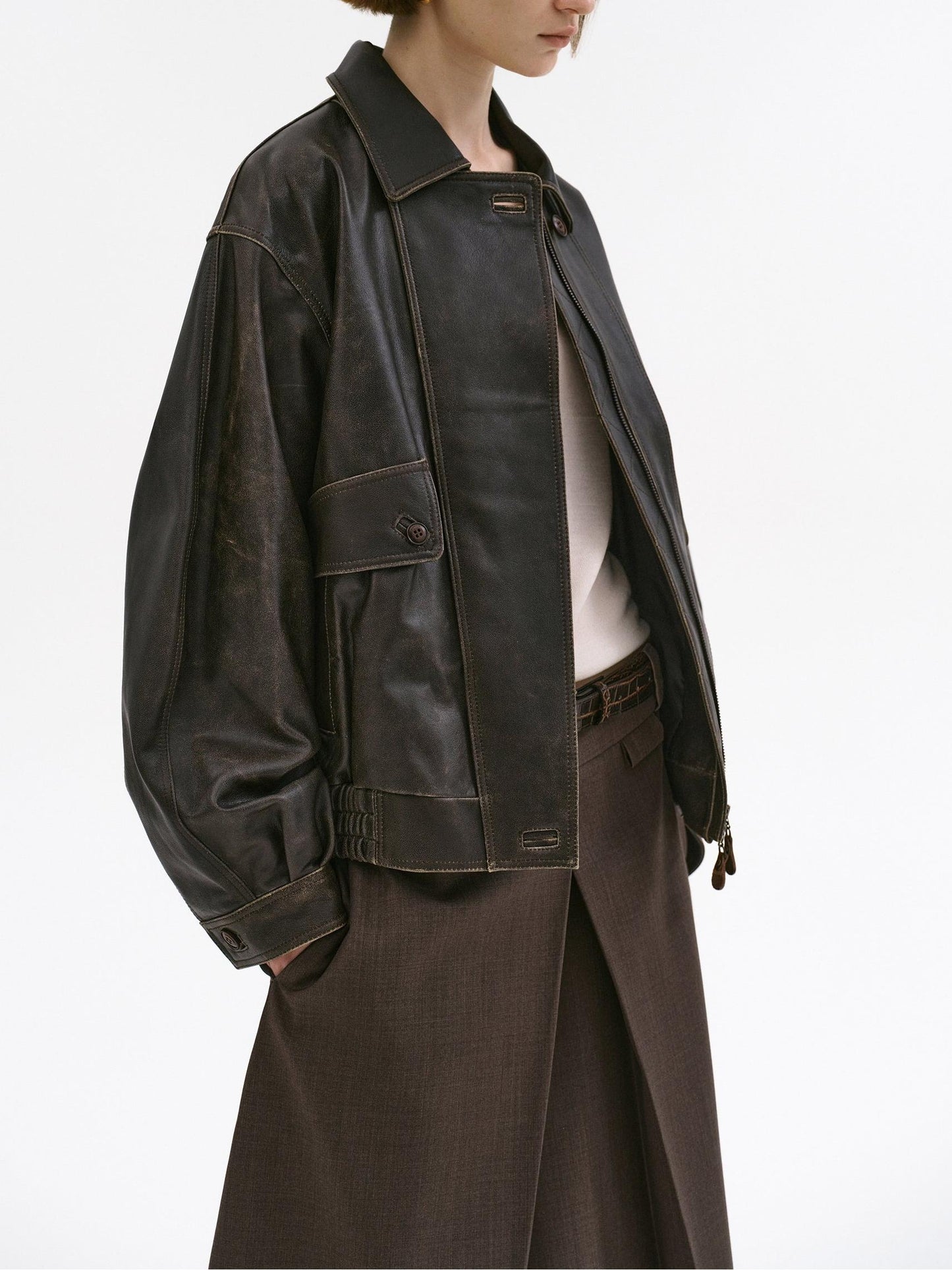 Brown Faded Faux Lambskin Bomber Jacket