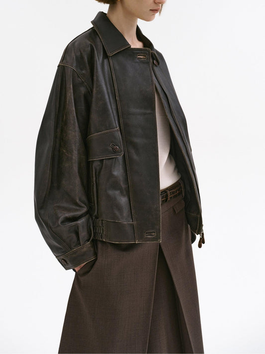 Brown Faded Faux Lambskin Bomber Jacket