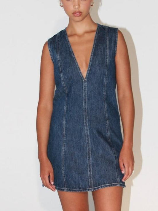 Women's Sleeveless Denim Dress with Deep V - Neckline