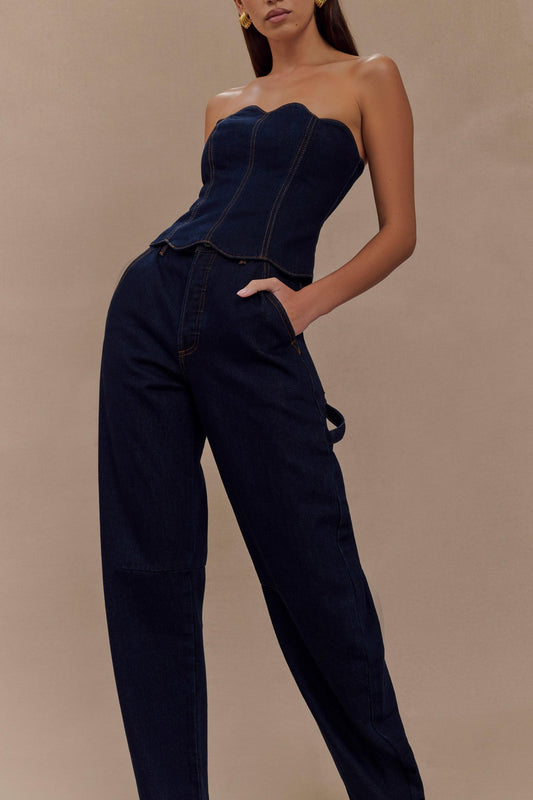 Dark Wash Denim Bustier Top & Barrel Leg Jeans Two-Piece Set