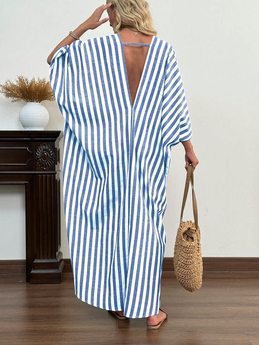 Blue & White Striped Deep V Backless Kaftan Maxi Dress