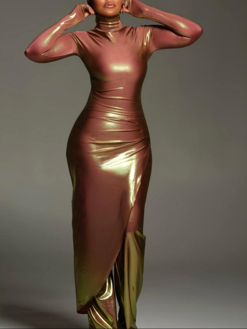 Metallic Iridescent High Neck Long Sleeve Asymmetric Wrap Jumpsuit