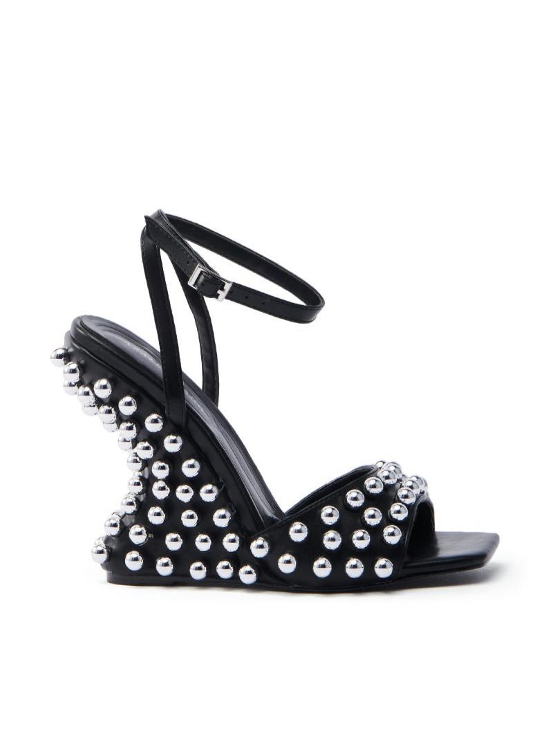 Pearl Embellished Black Wedge Sandal