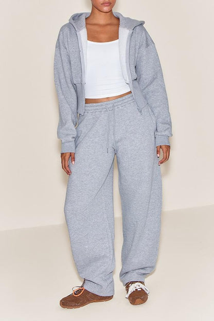 Heather Grey Corset Waist Zip-Up Hoodie & Baggy Sweatpants Loungewear Set