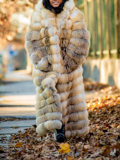 Full Length Fox Fur Trench Coat With Hood