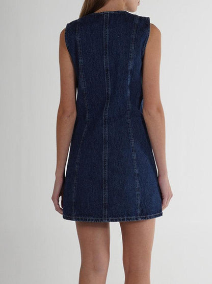 Women's Sleeveless Denim Dress with Deep V - Neckline