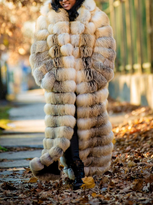 Full Length Fox Fur Trench Coat With Hood