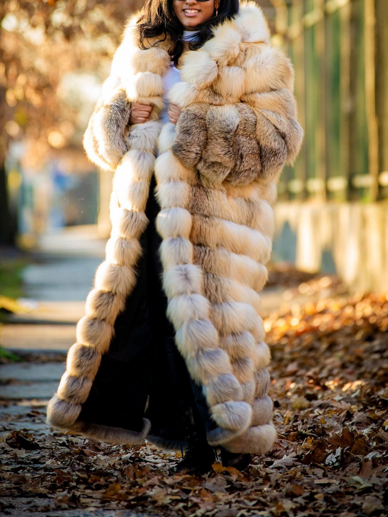 Full Length Fox Fur Trench Coat With Hood