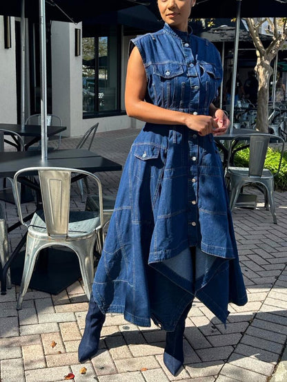 Button Front & Asymmetric Hem Sleeveless Denim Midi Dress