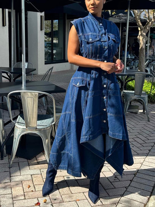 Button Front & Asymmetric Hem Sleeveless Denim Midi Dress