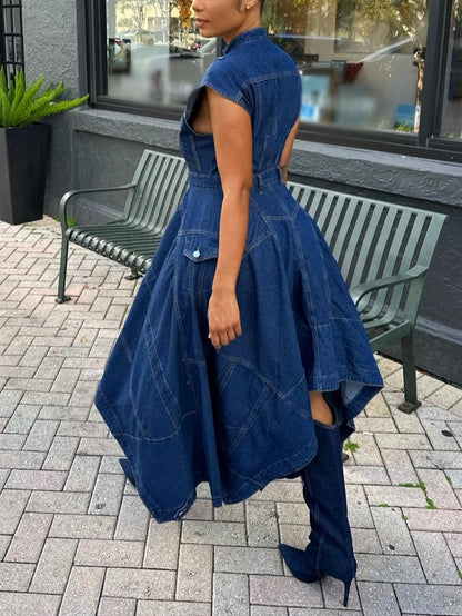 Button Front & Asymmetric Hem Sleeveless Denim Midi Dress