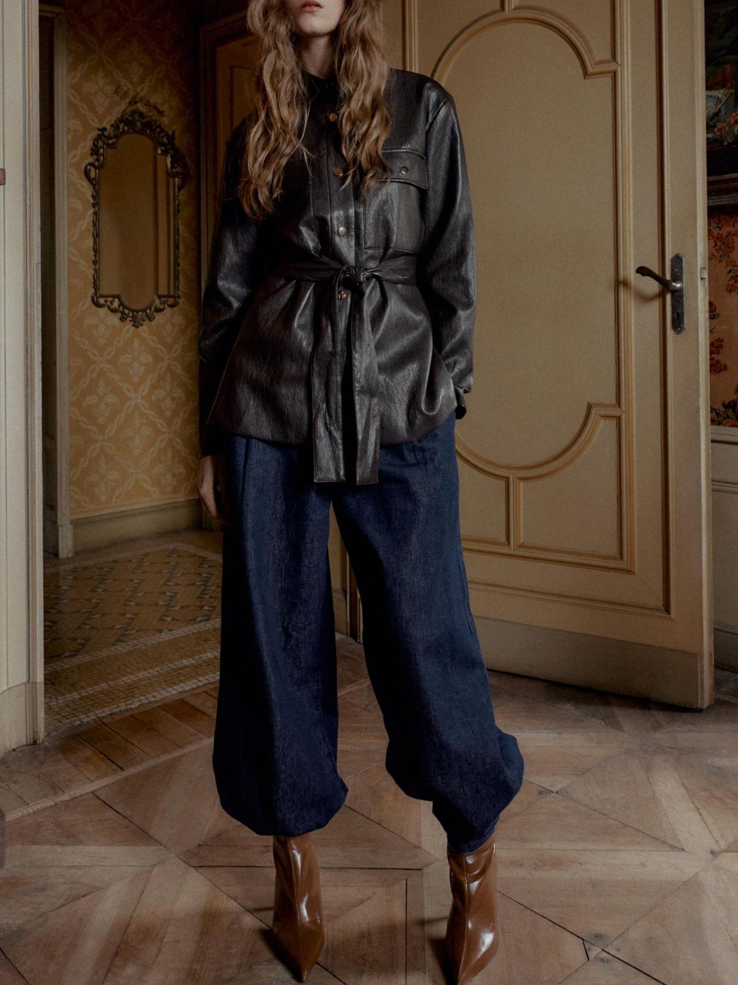 Long Faux Leather Jacket With Belt