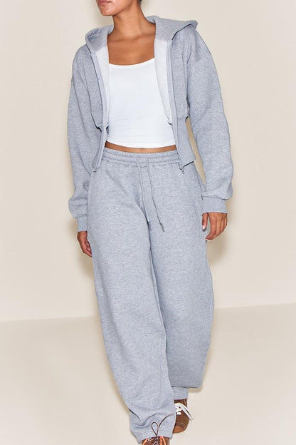 Heather Grey Corset Waist Zip-Up Hoodie & Baggy Sweatpants Loungewear Set