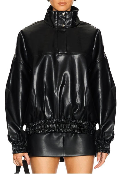 Black Faux Leather High Neck Pullover Jacket