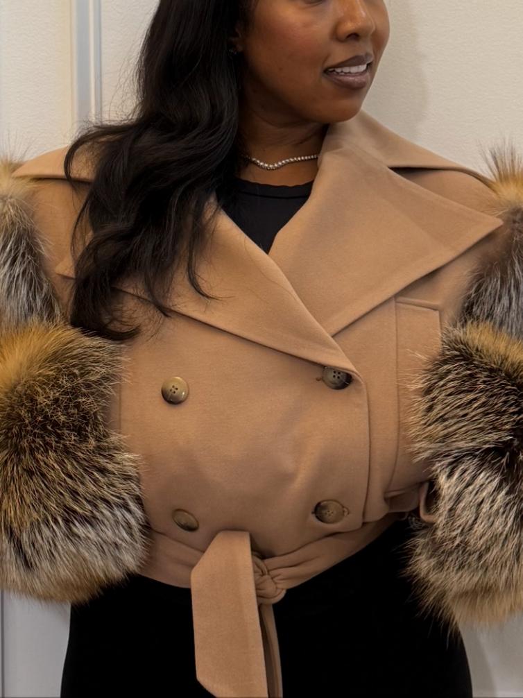 Luxury Fox Fur Sleeve Cropped Coat