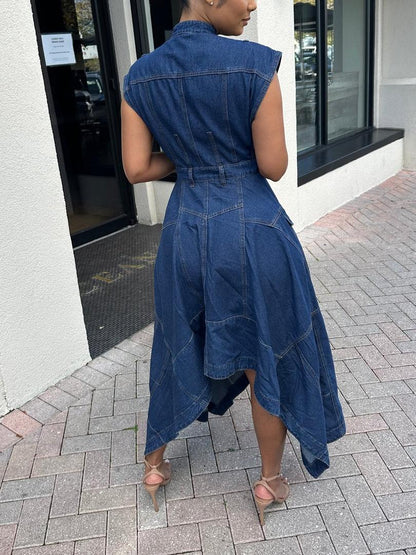 Button Front & Asymmetric Hem Sleeveless Denim Midi Dress