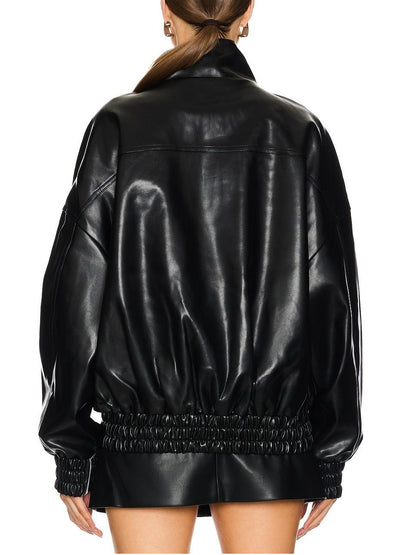 Black Faux Leather High Neck Pullover Jacket