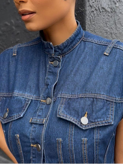 Button Front & Asymmetric Hem Sleeveless Denim Midi Dress