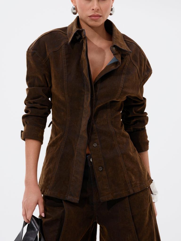 Retro Brown Velvet & Denim Patchwork Co-ord Set - Wide-Leg Cropped Pants & Tailored Jacket