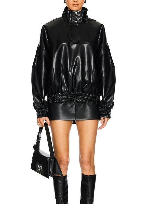 Black Faux Leather High Neck Pullover Jacket
