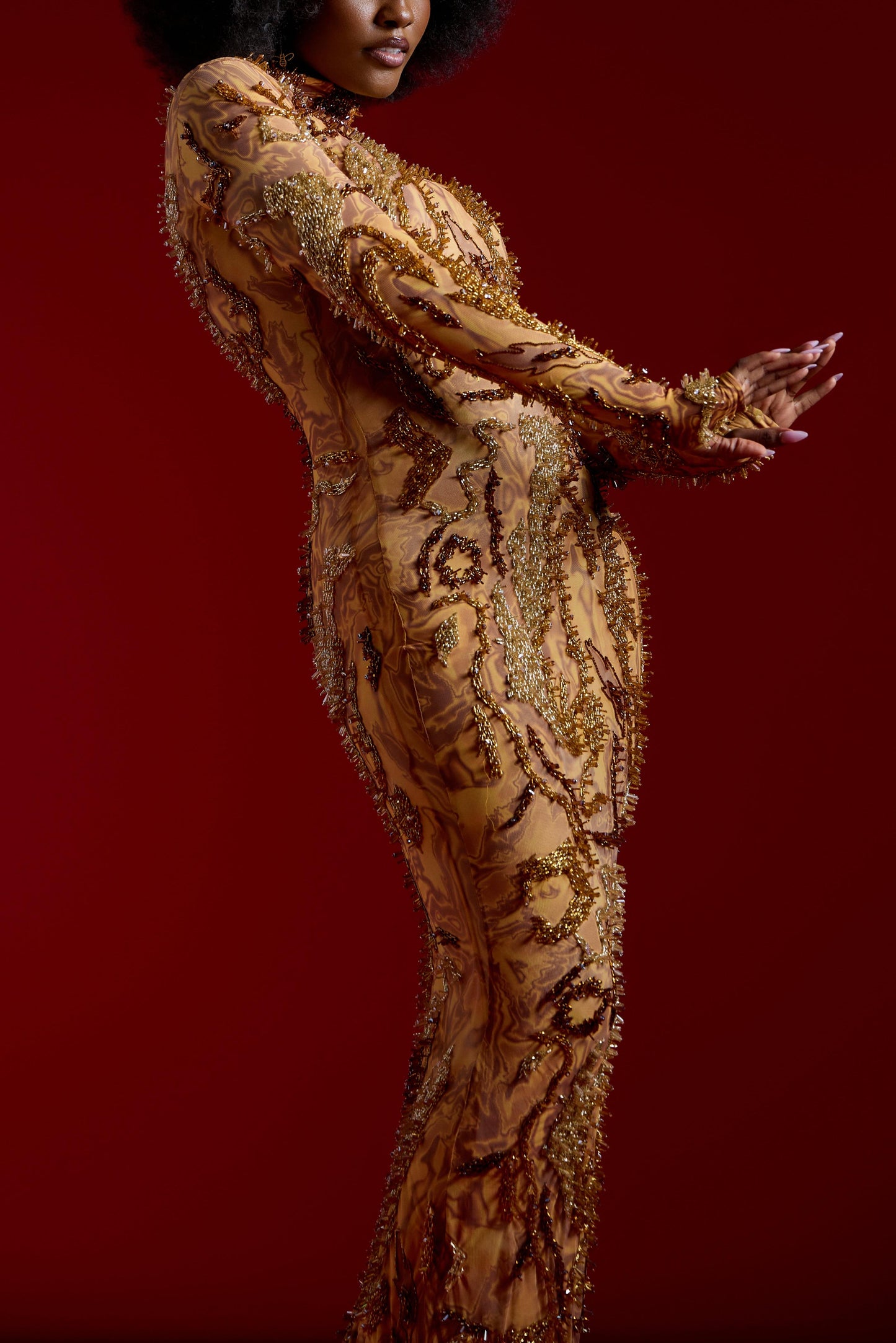 Gold Marble Beaded Embellished Maxi Gown