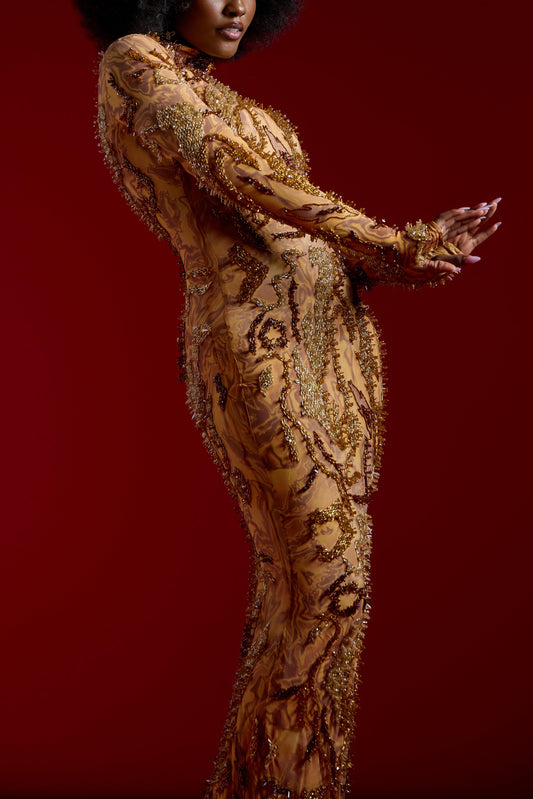 Gold Marble Beaded Embellished Maxi Gown