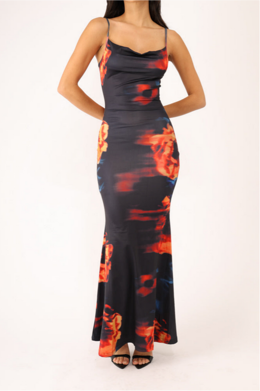 Midnight Blaze Cowl Neck Maxi Dress