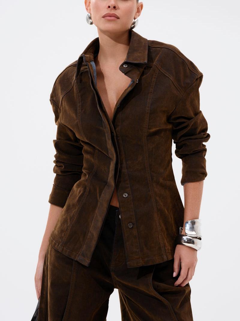 Retro Brown Velvet & Denim Patchwork Co-ord Set - Wide-Leg Cropped Pants & Tailored Jacket