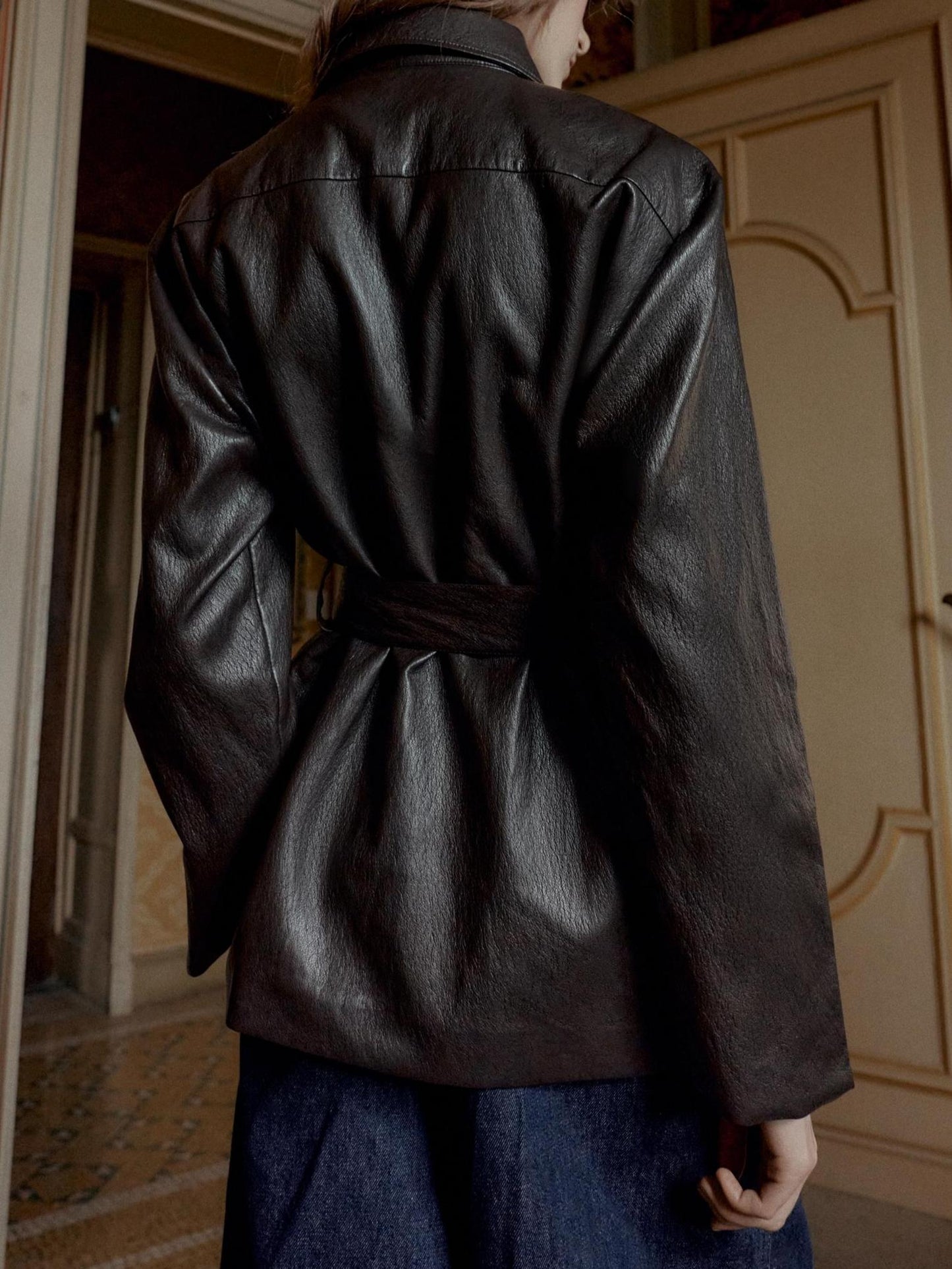 Long Faux Leather Jacket With Belt